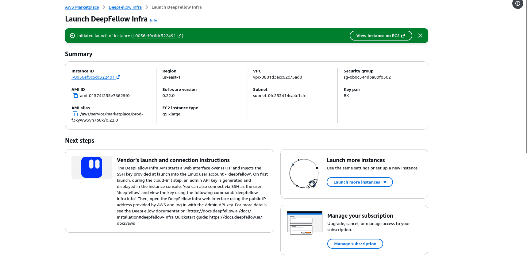 Green prompt with "Success" message and instance ID link which navigates to instance panel.