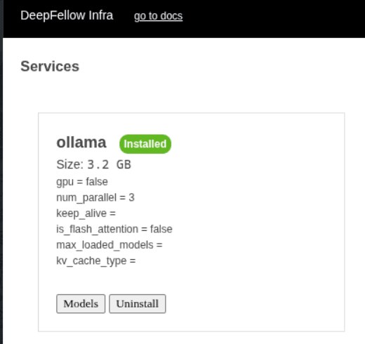 services view showing ollama tab with two buttons: "models" and "uninstall"