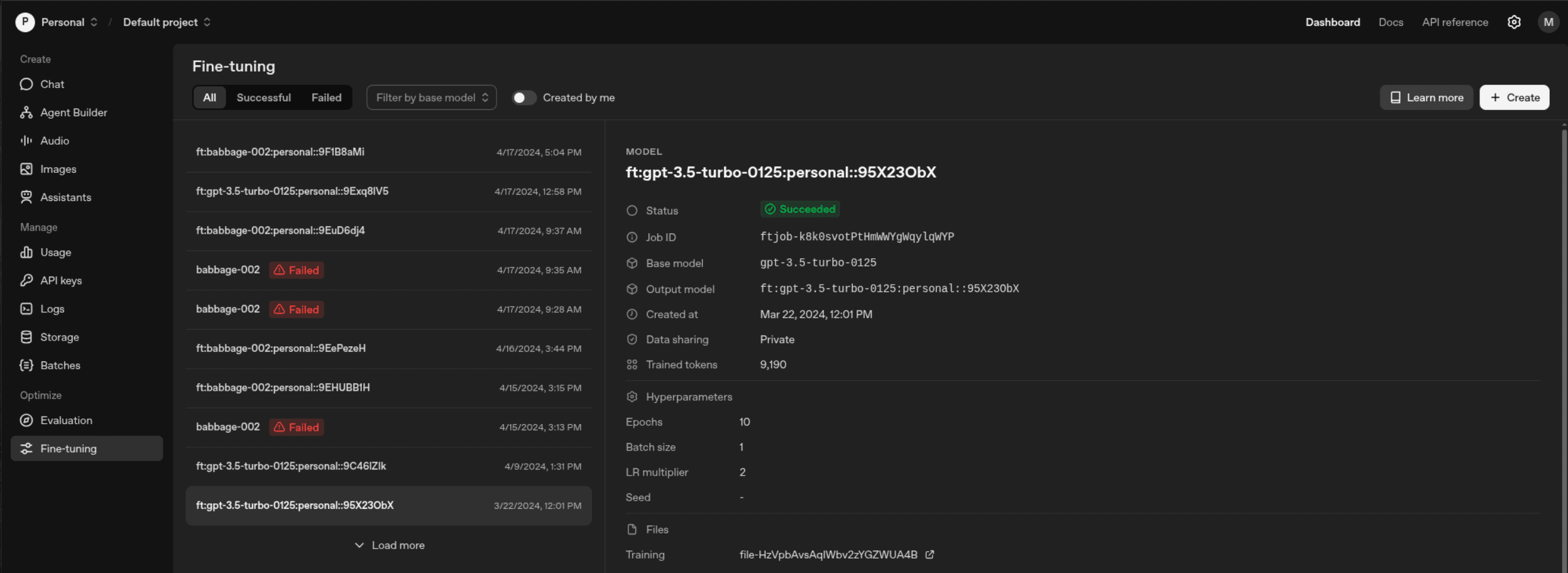 OpenAI dashboard showing list of user personal fine-tuned models and training statistics
