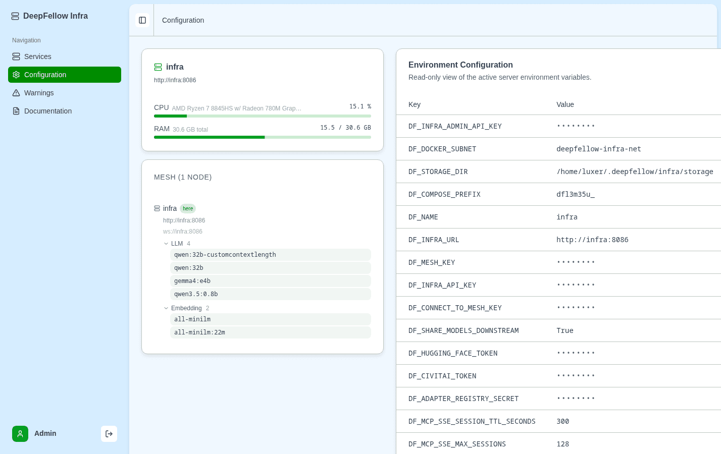 DeepFellow Infra Web Panel Configuration tab showing the node status and Mesh cards on the left and the environment configuration table on the right