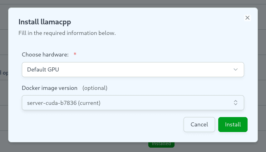 Docker image version field in the llamacpp install dialog, collapsed and showing the current tag
