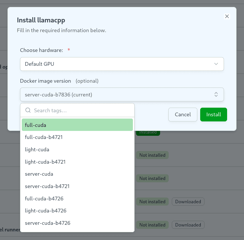 Docker image version dropdown open in the llamacpp install dialog