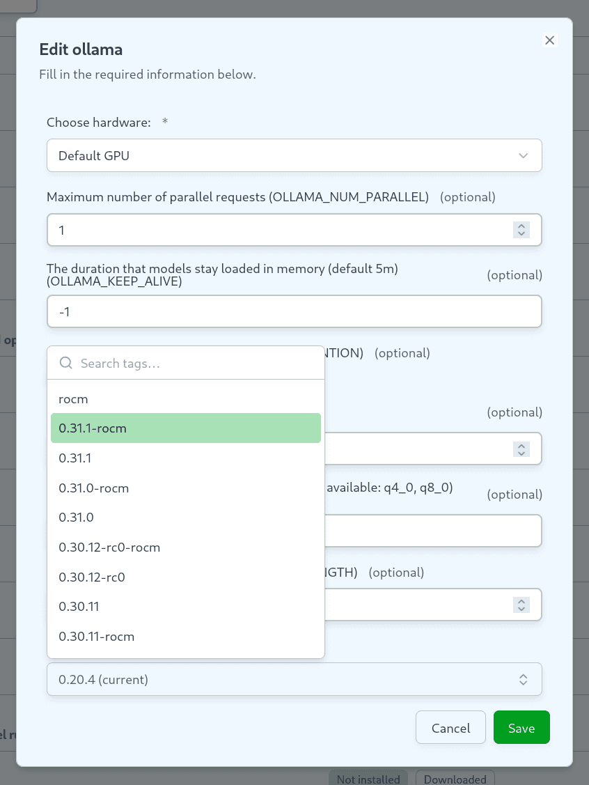 Docker image version dropdown open in the ollama edit dialog, showing a searchable list of tags