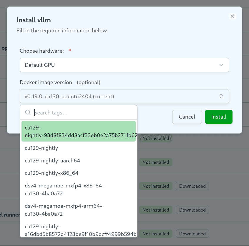 Docker image version dropdown open in the vllm install dialog