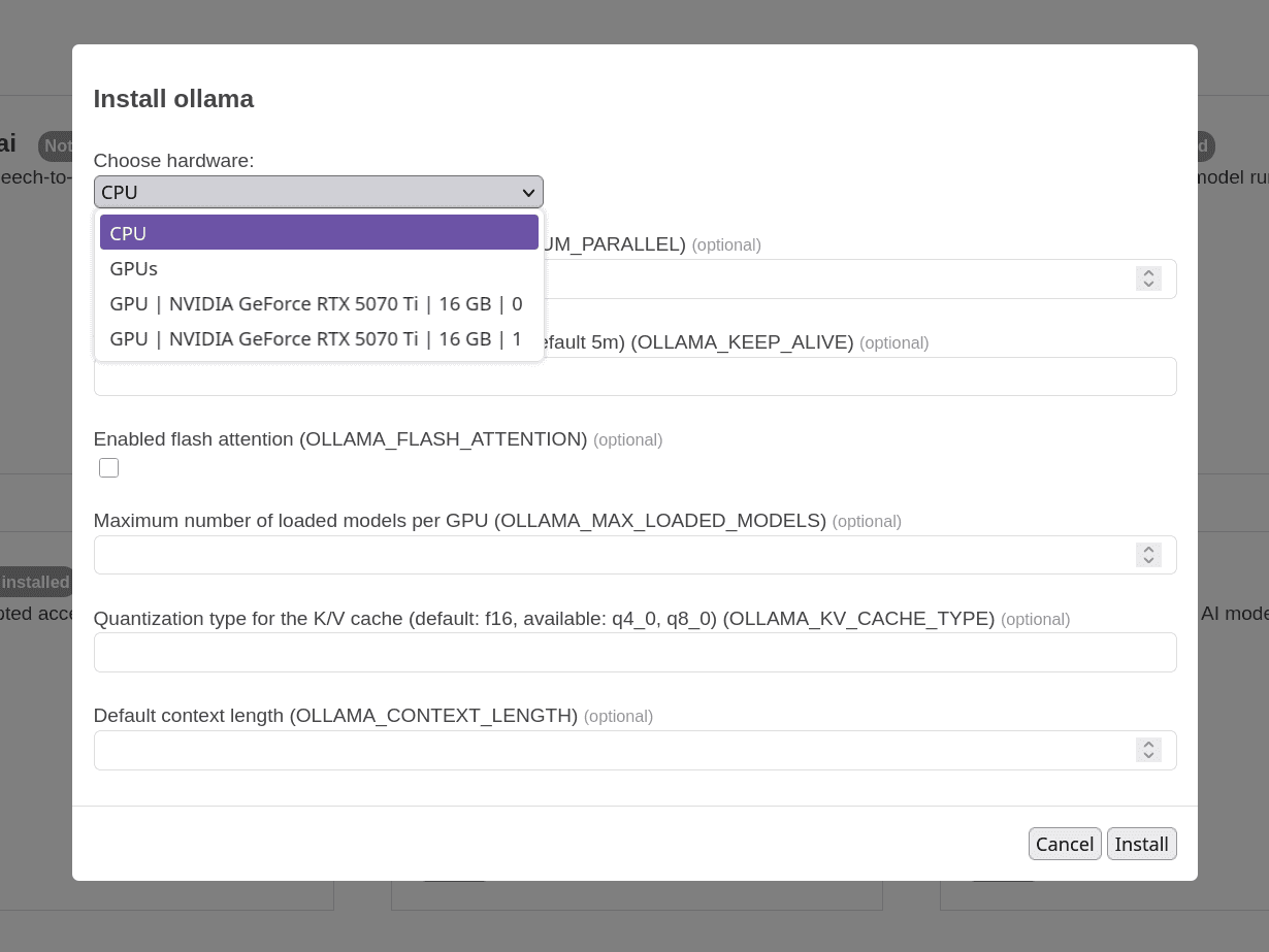 window with hardware choose parameters