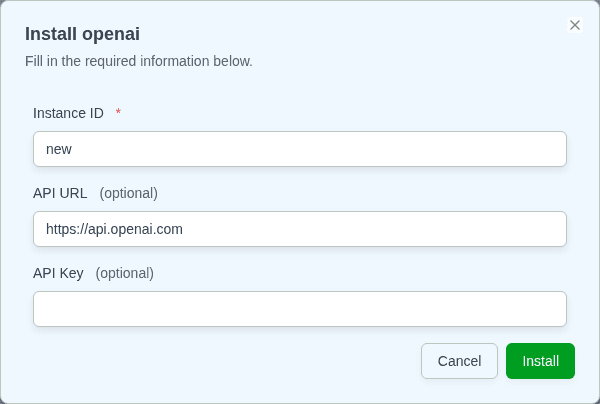Install dialog for a second openai instance, showing the Instance ID field pre-filled with "new" above the API URL and API Key fields