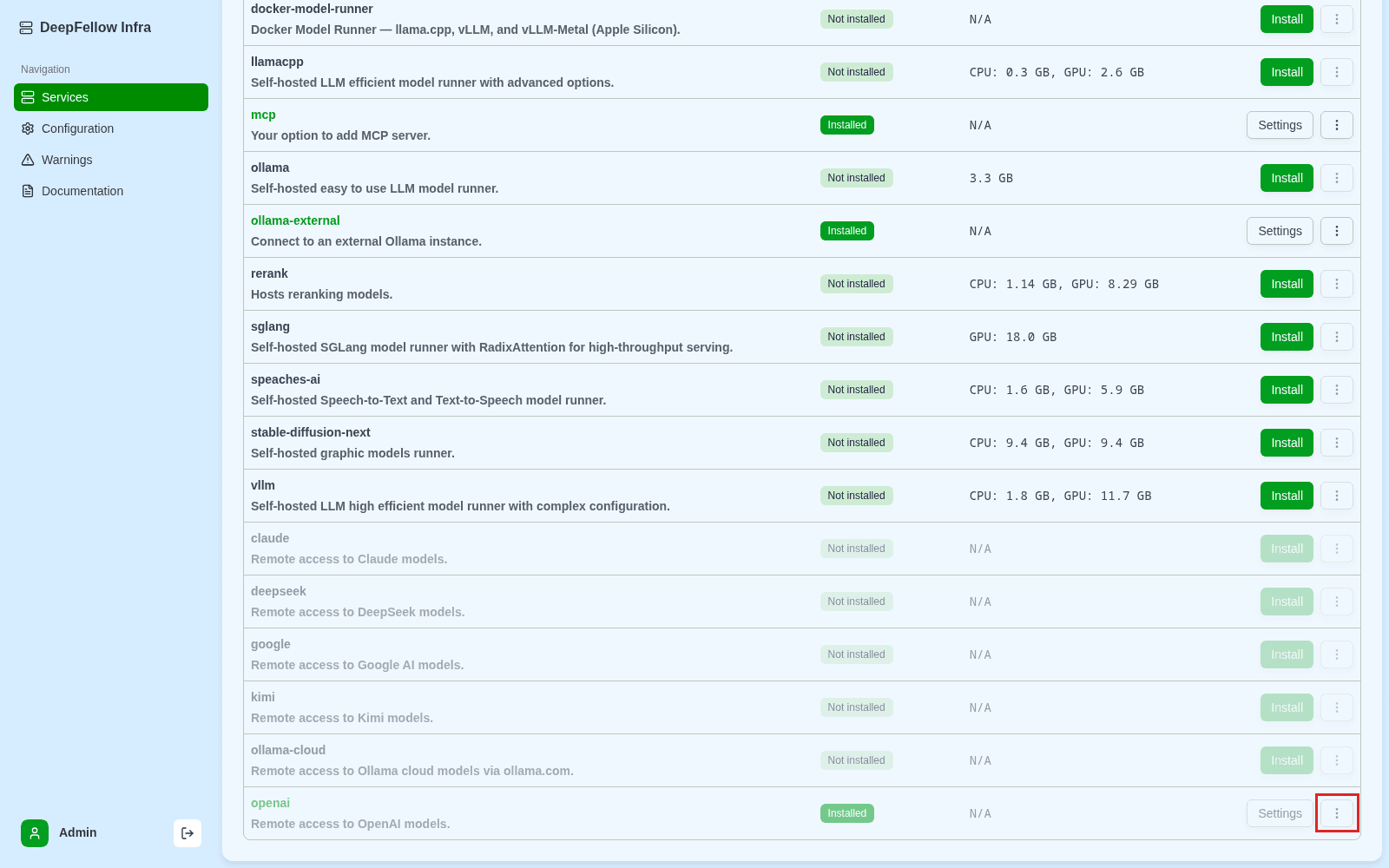 Services list with the ⋮ actions menu button highlighted on an installed openai service row