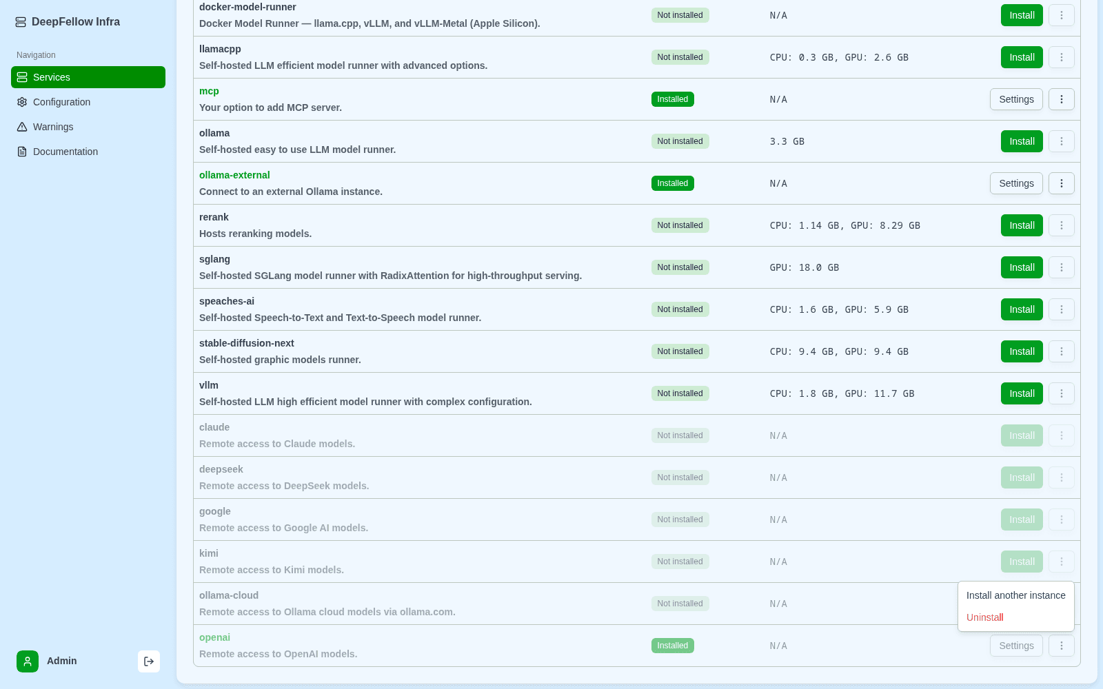 ⋮ menu open on an installed service, showing the Install another instance and Uninstall options