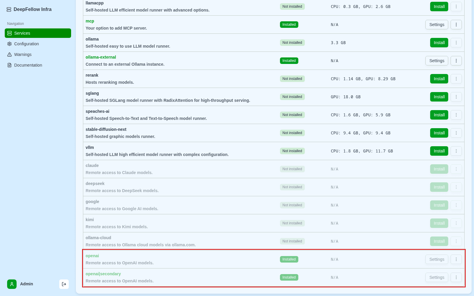 Services list showing two rows for the same service: openai and openai|secondary, both installed