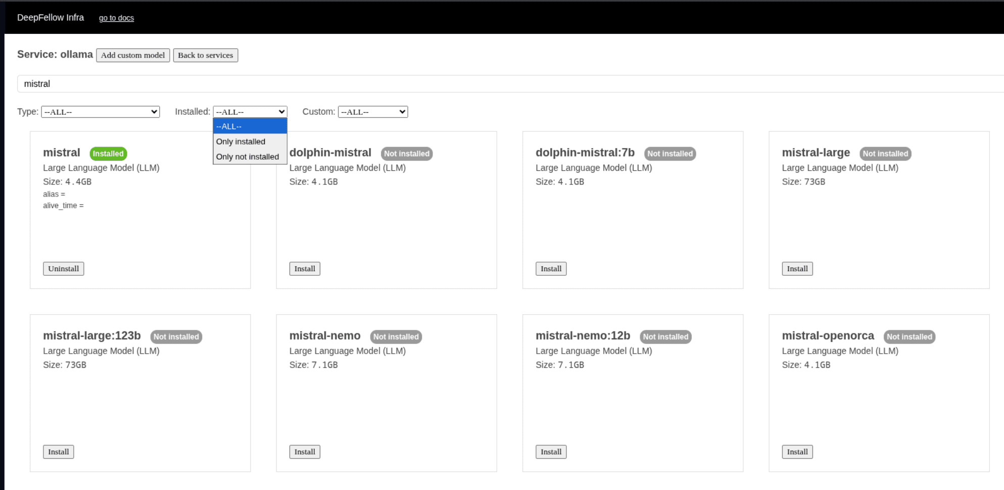 list of models available in ollama service, filtered by model's installation state