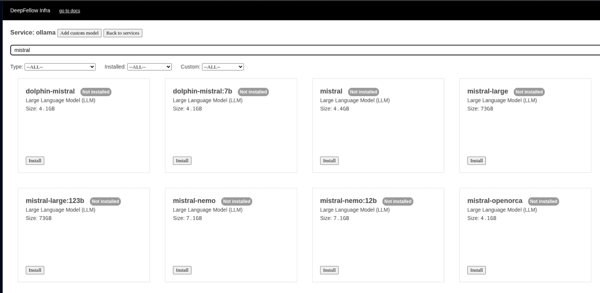 list of models available in ollama service, filtered by name