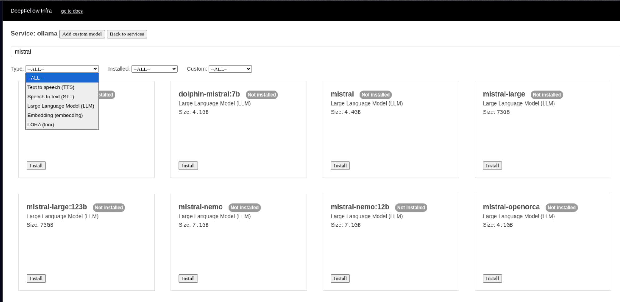 list of models available in ollama service, filtered by model type