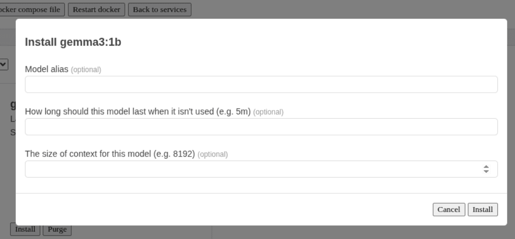 Modal showing model configuration during its installation