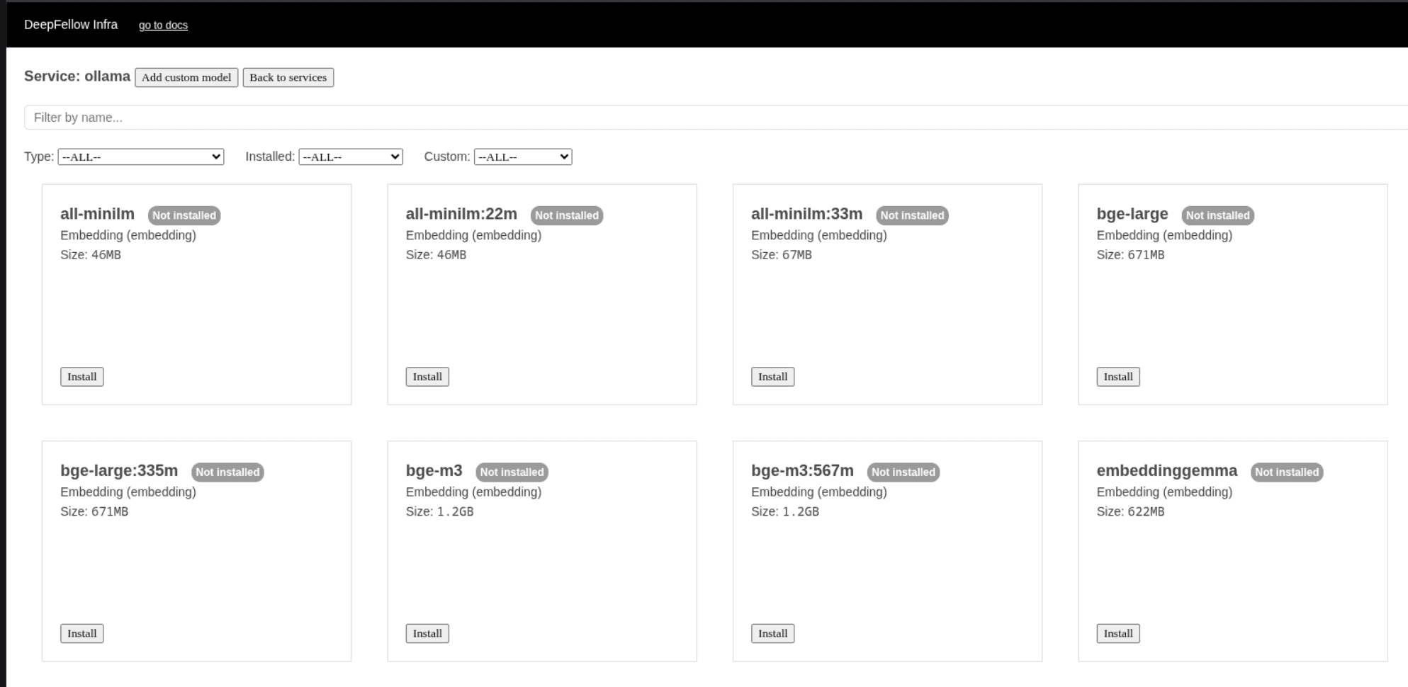 DeepFellow Infra Web Panel screen with models available in ollama service