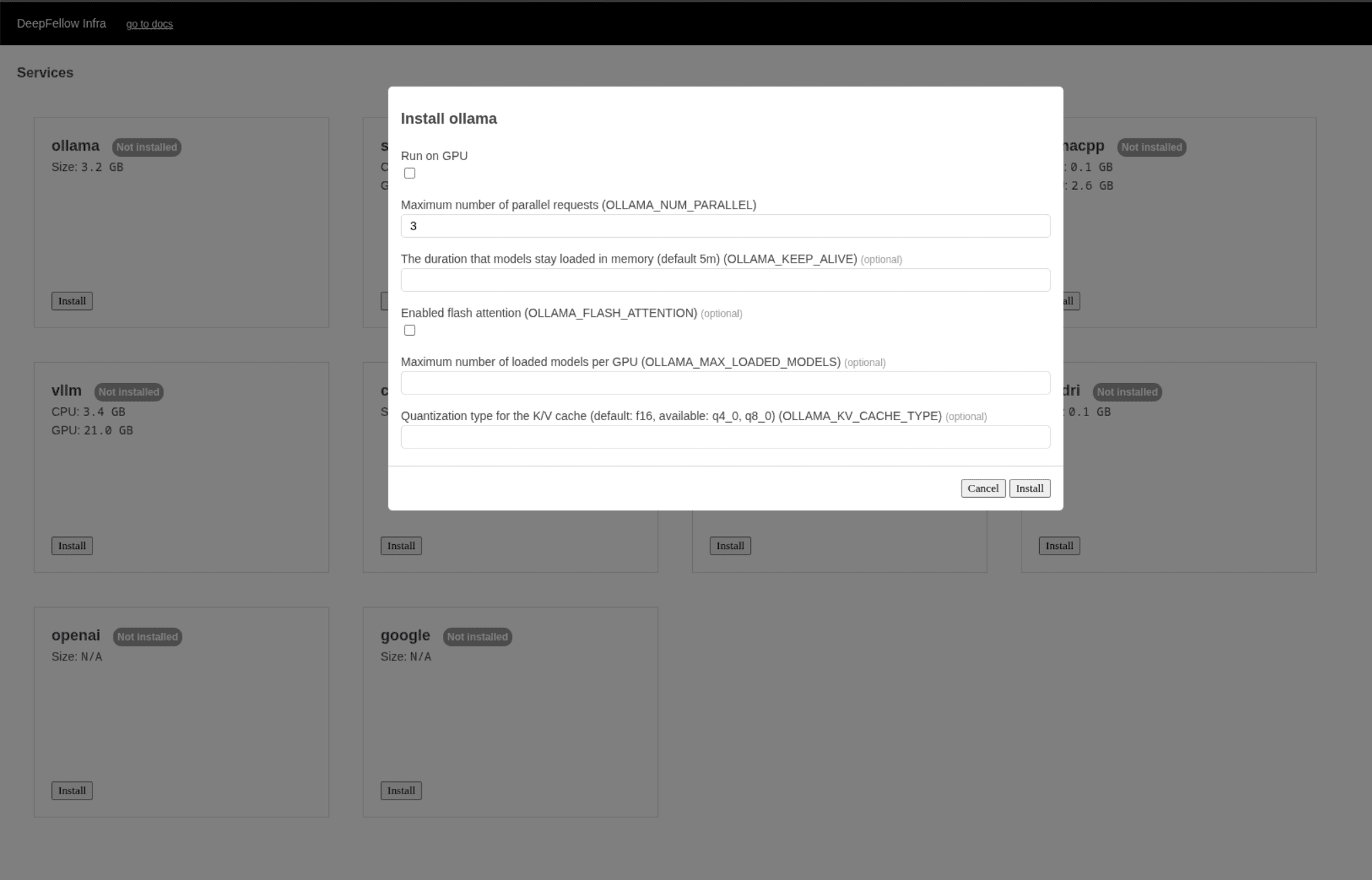 window with service parameters to set to install ollama