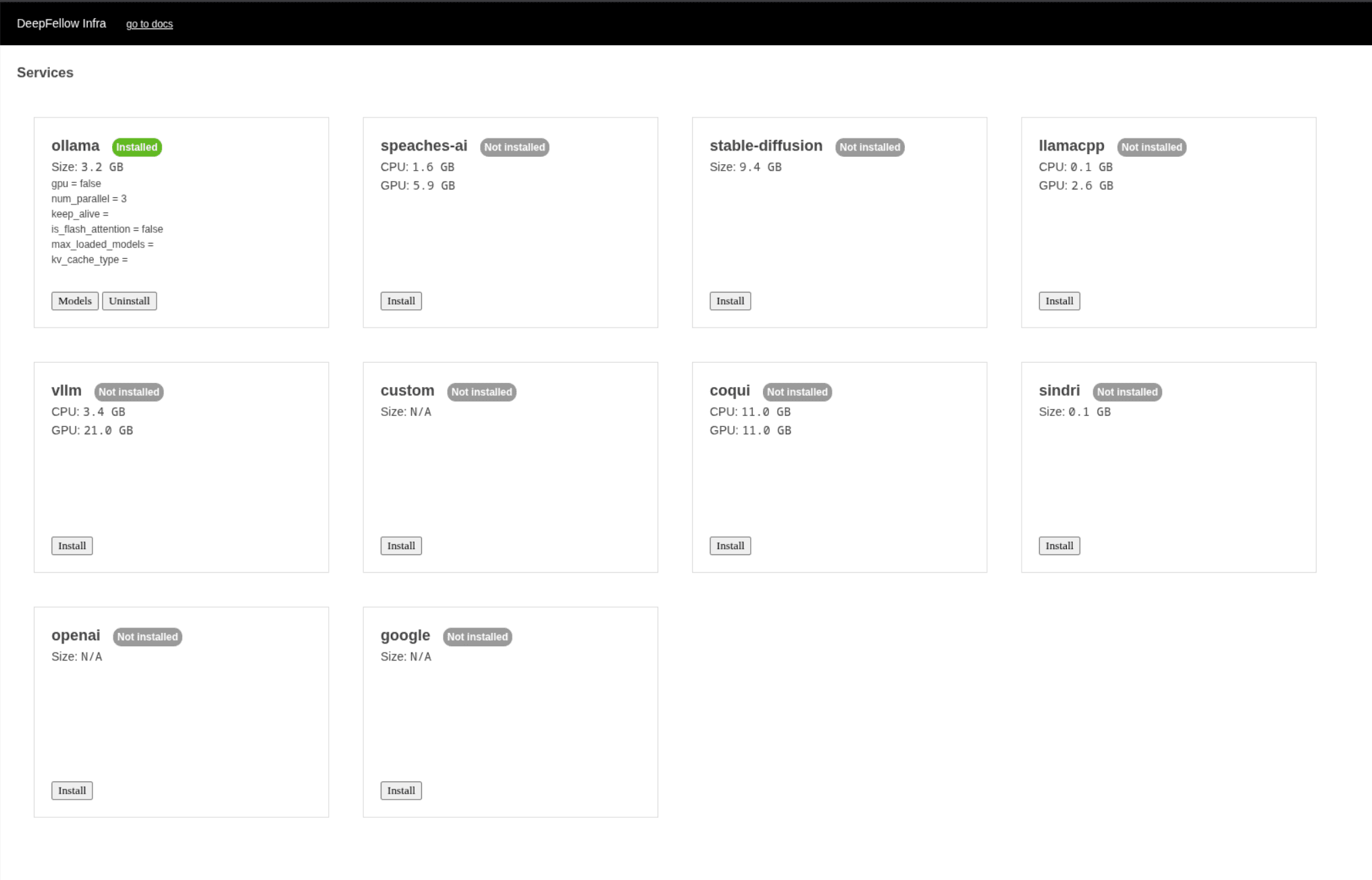 green label showing installed ollama service on DeepFellow Infra Web Panel services list view
