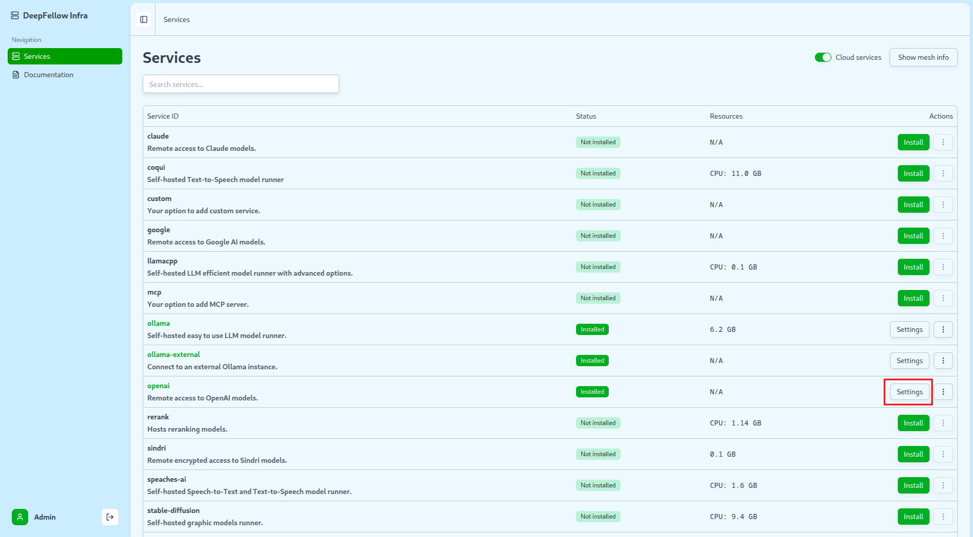 Services list with the Settings button highlighted in the actions column for an installed service