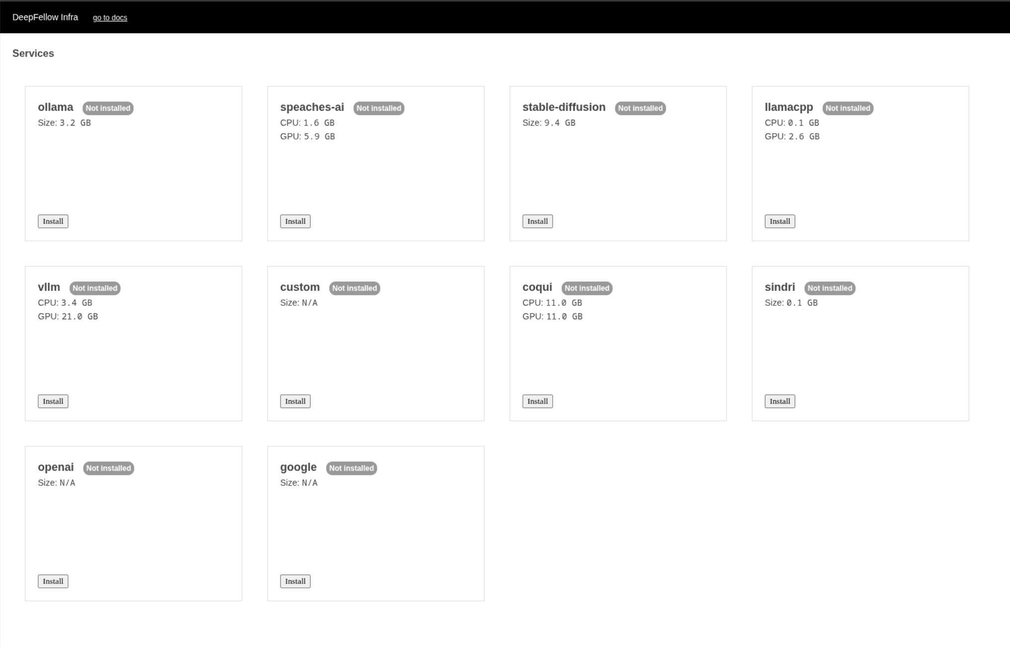 DeepFellow Infra Web Panel screen with services available, for example ollama, openAI, and google