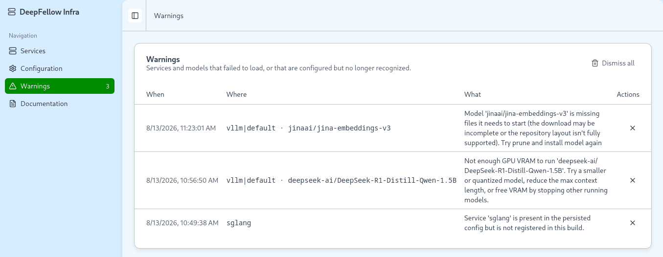 DeepFellow Infra Web Panel Warnings tab listing warnings with their timestamp, affected service, and message.