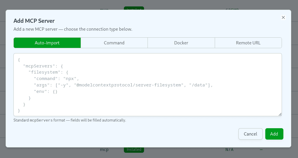 Connection type selector with Auto import highlighted