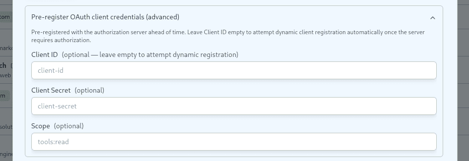 Expanded "Pre-register OAuth client credentials" accordion in the Remote URL form
