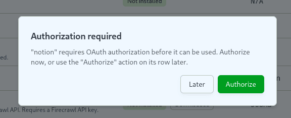 Prompt asking to authorize a newly installed server, or do it later