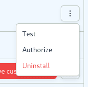 The "⋮" menu on a server card, with Test, Authorize, and Uninstall