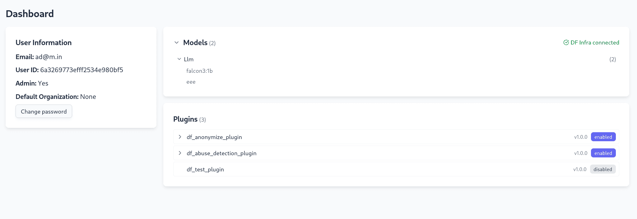 List of available plugins in the DeepFellow Server panel