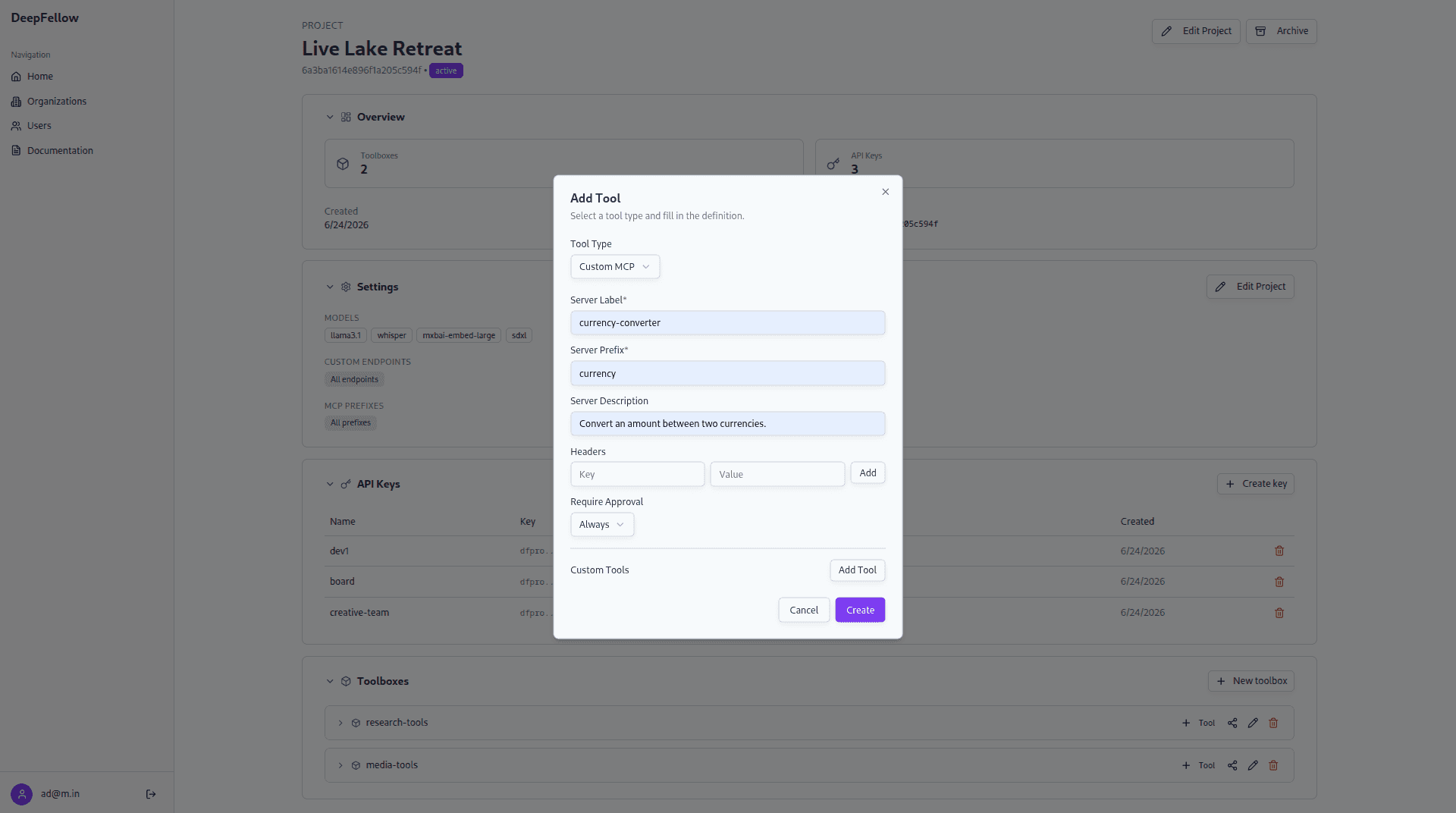 Add Tool dialog for a Custom MCP tool, showing the server and tool fields