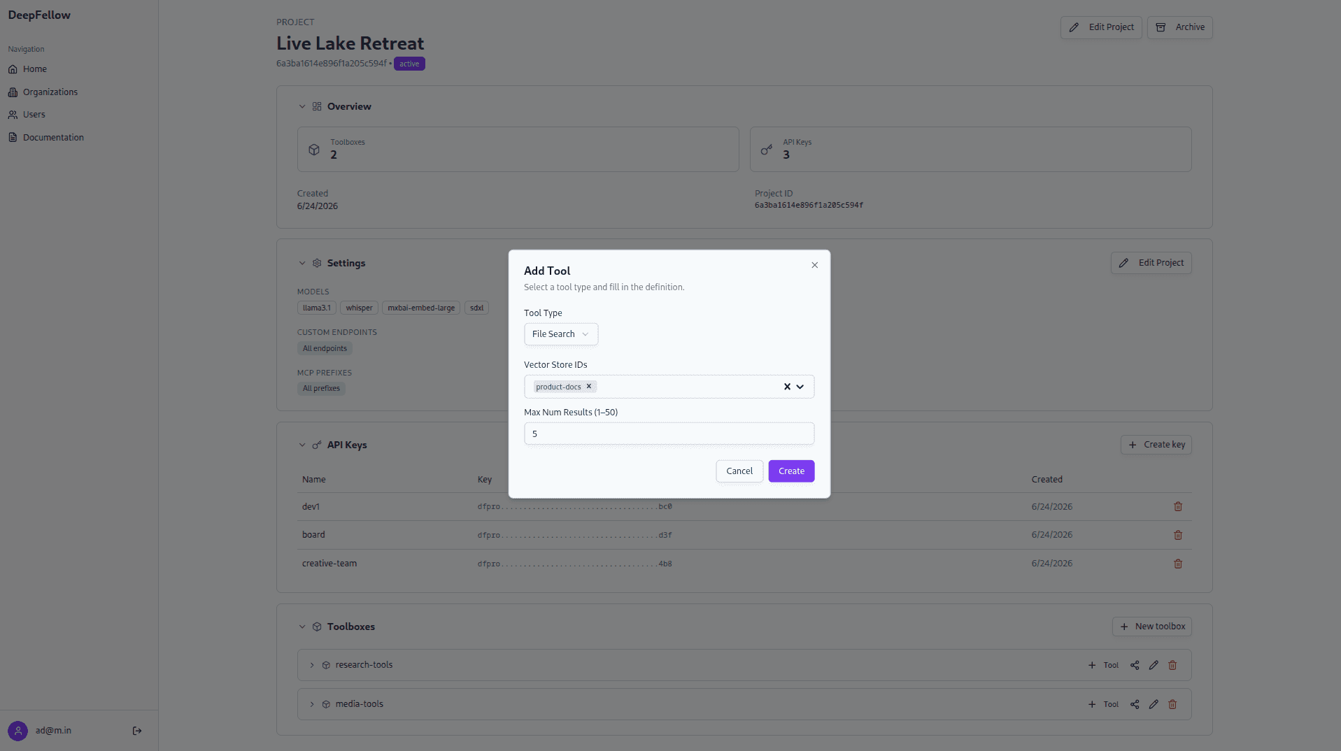 Add Tool dialog for a File Search tool