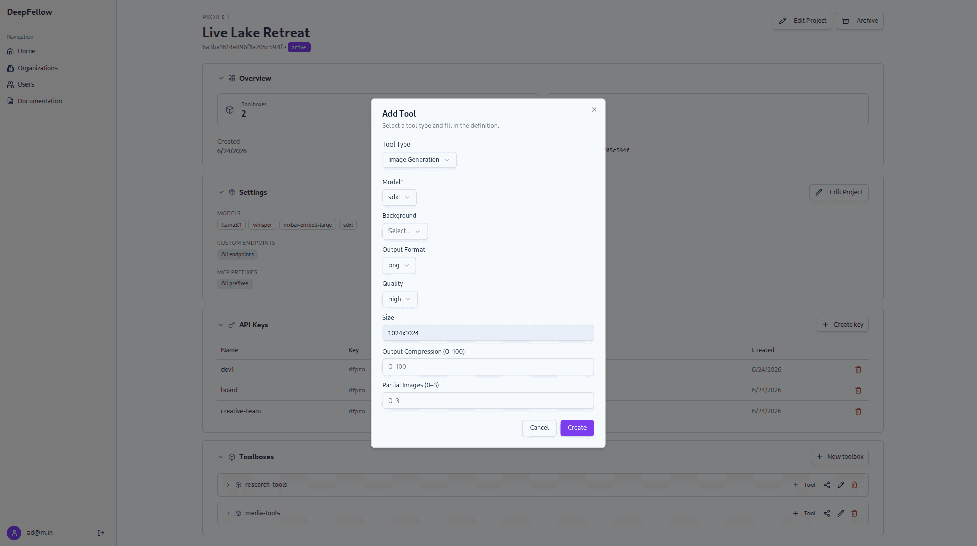 Add Tool dialog for an Image Generation tool