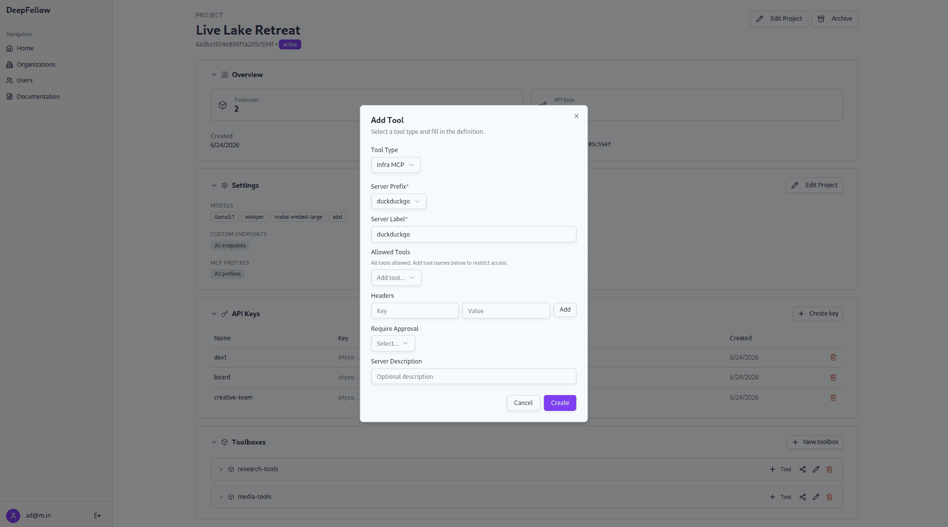 Add Tool dialog for an Infra MCP tool
