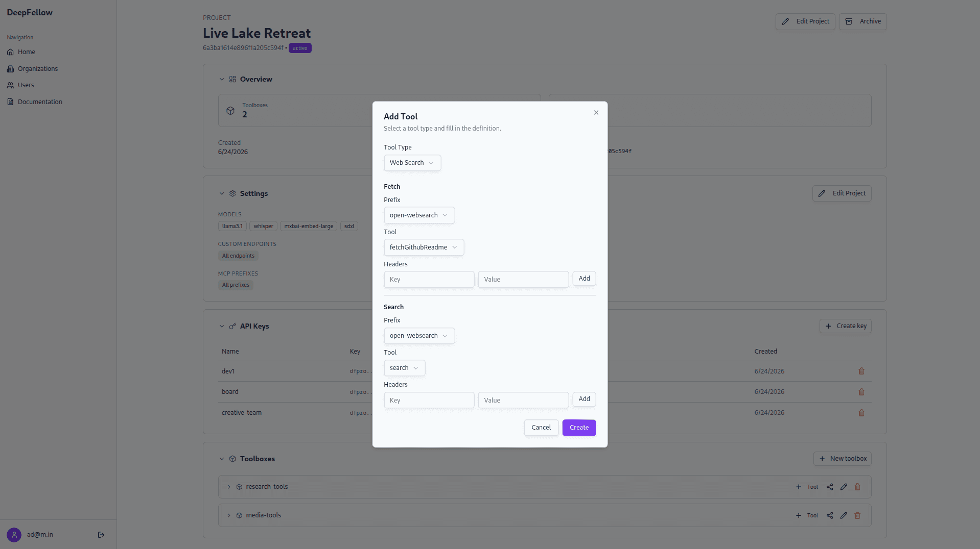 Add Tool dialog for a Web Search tool