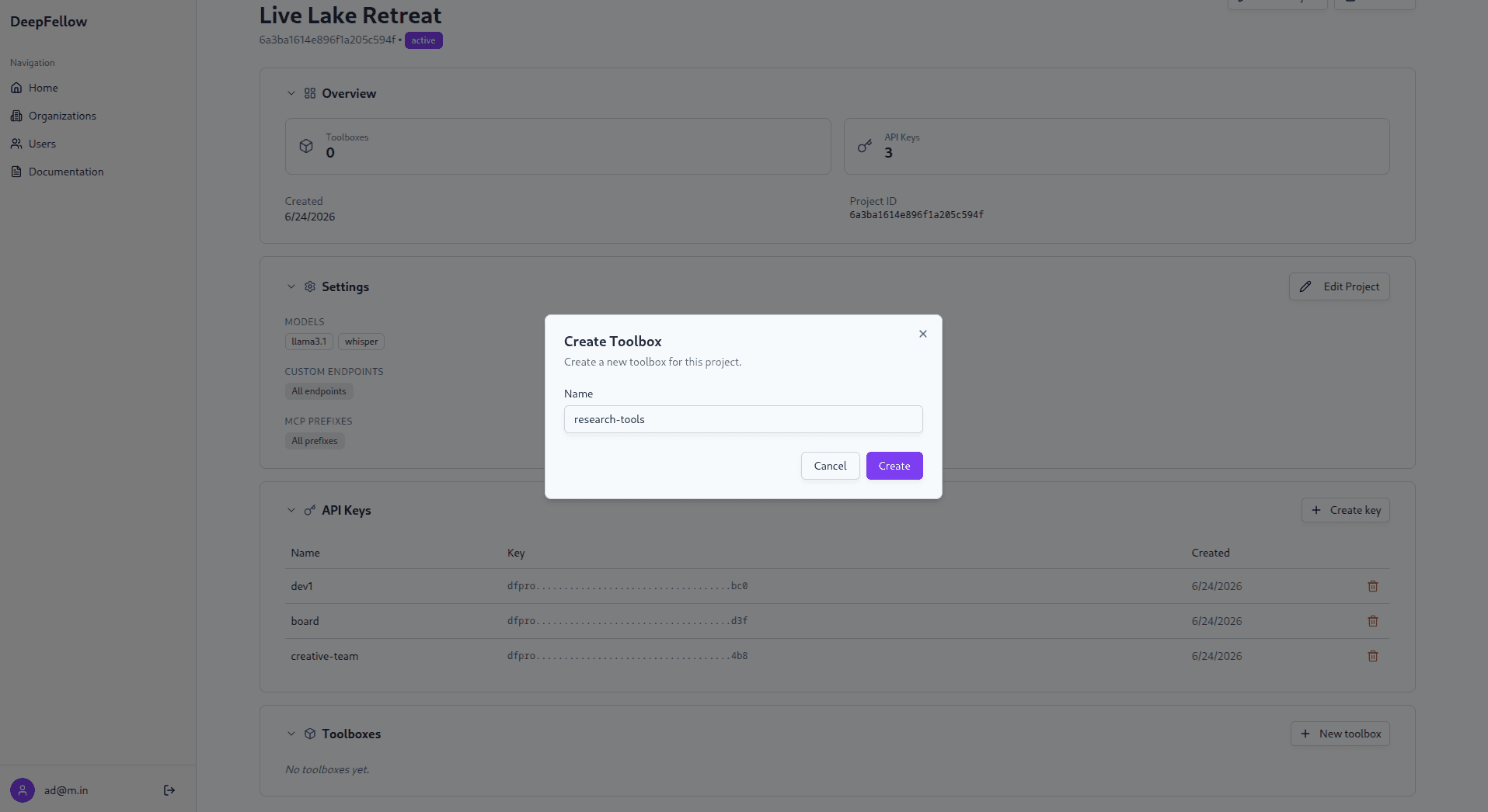 Create Toolbox dialog with a name field