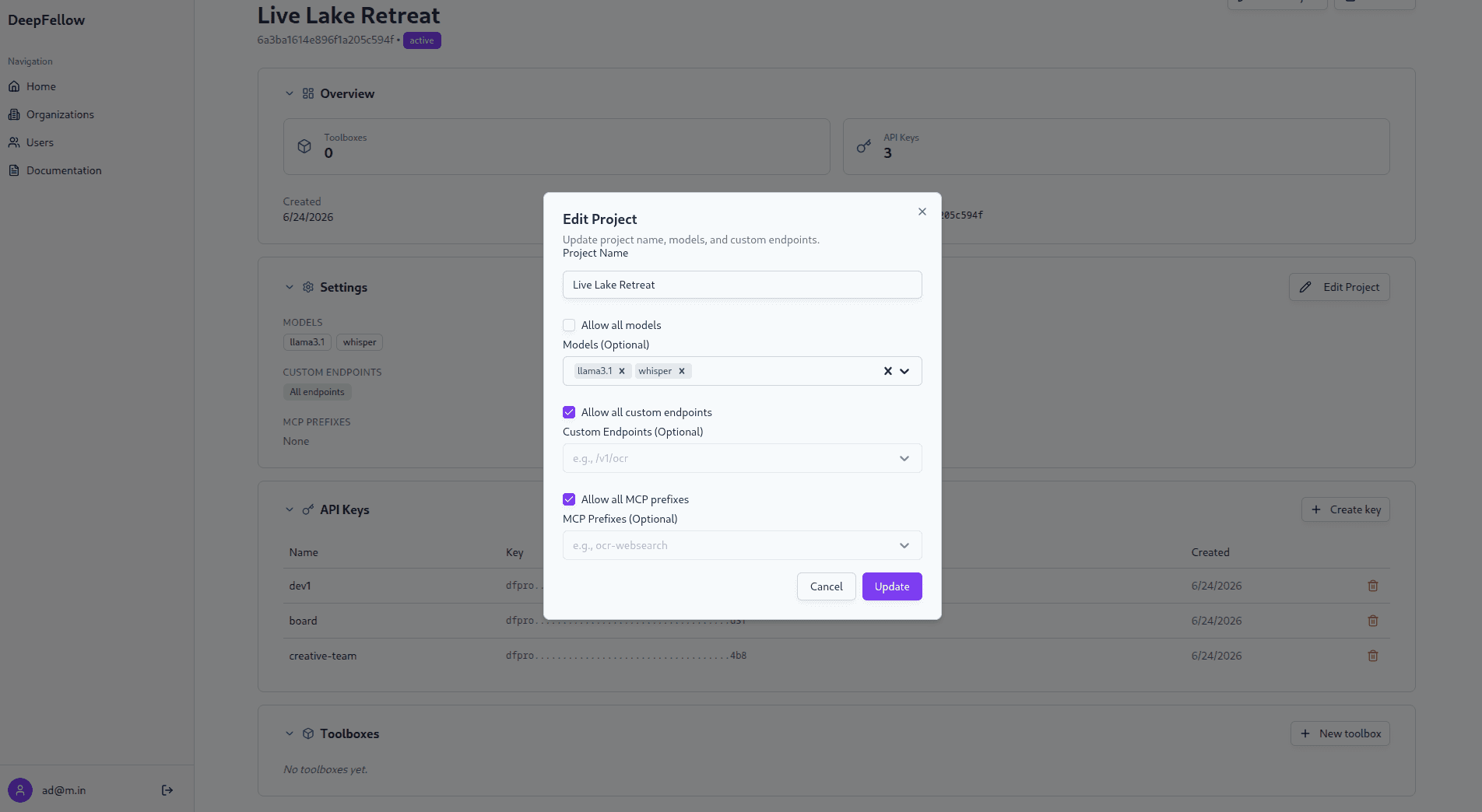 Edit Project dialog with Allow all MCP prefixes enabled