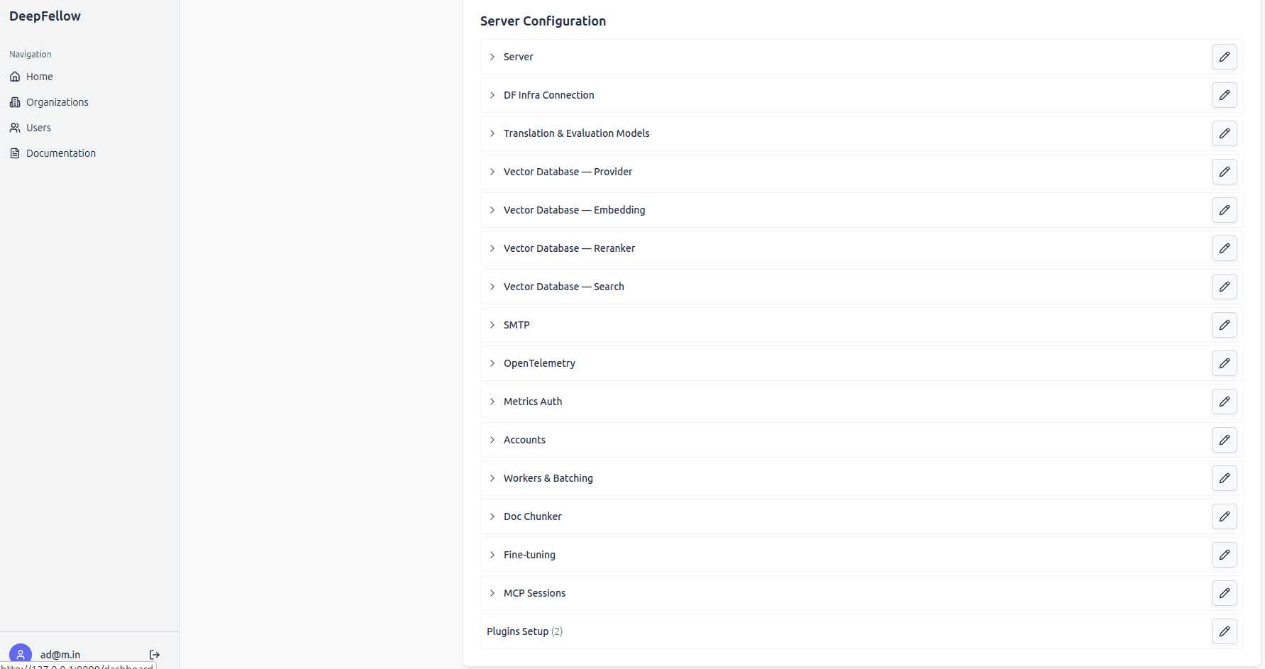 Server Configuration card grouping settings into sections, each with an edit button