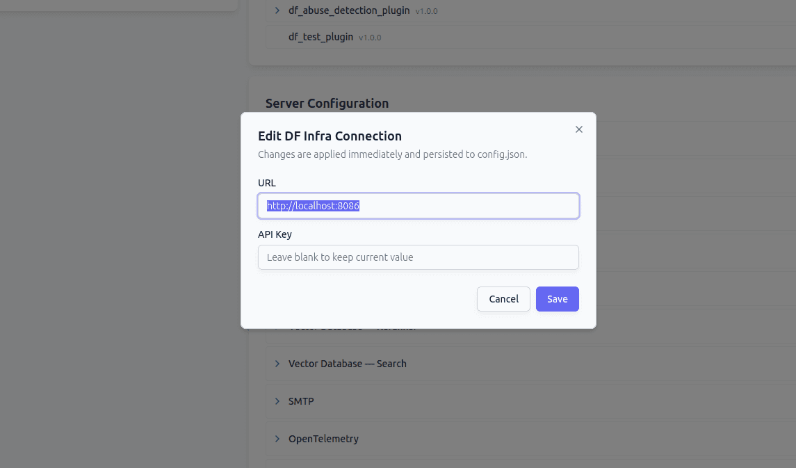 Edit dialog for the DF Infra Connection section, with URL and API Key fields