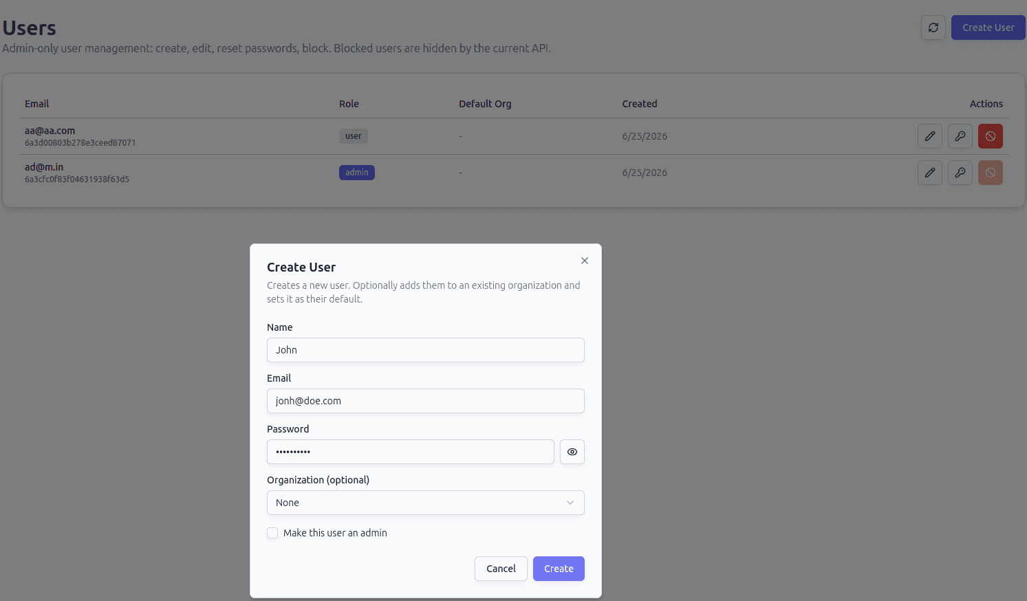 create user form with email, password, and organization name fields