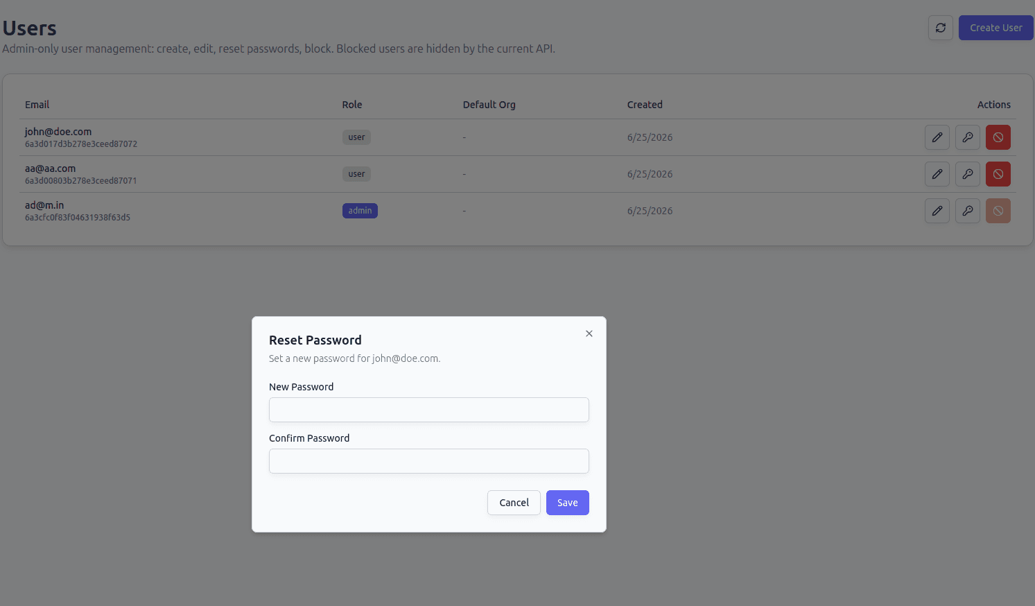 edit user pop-up window with a password field