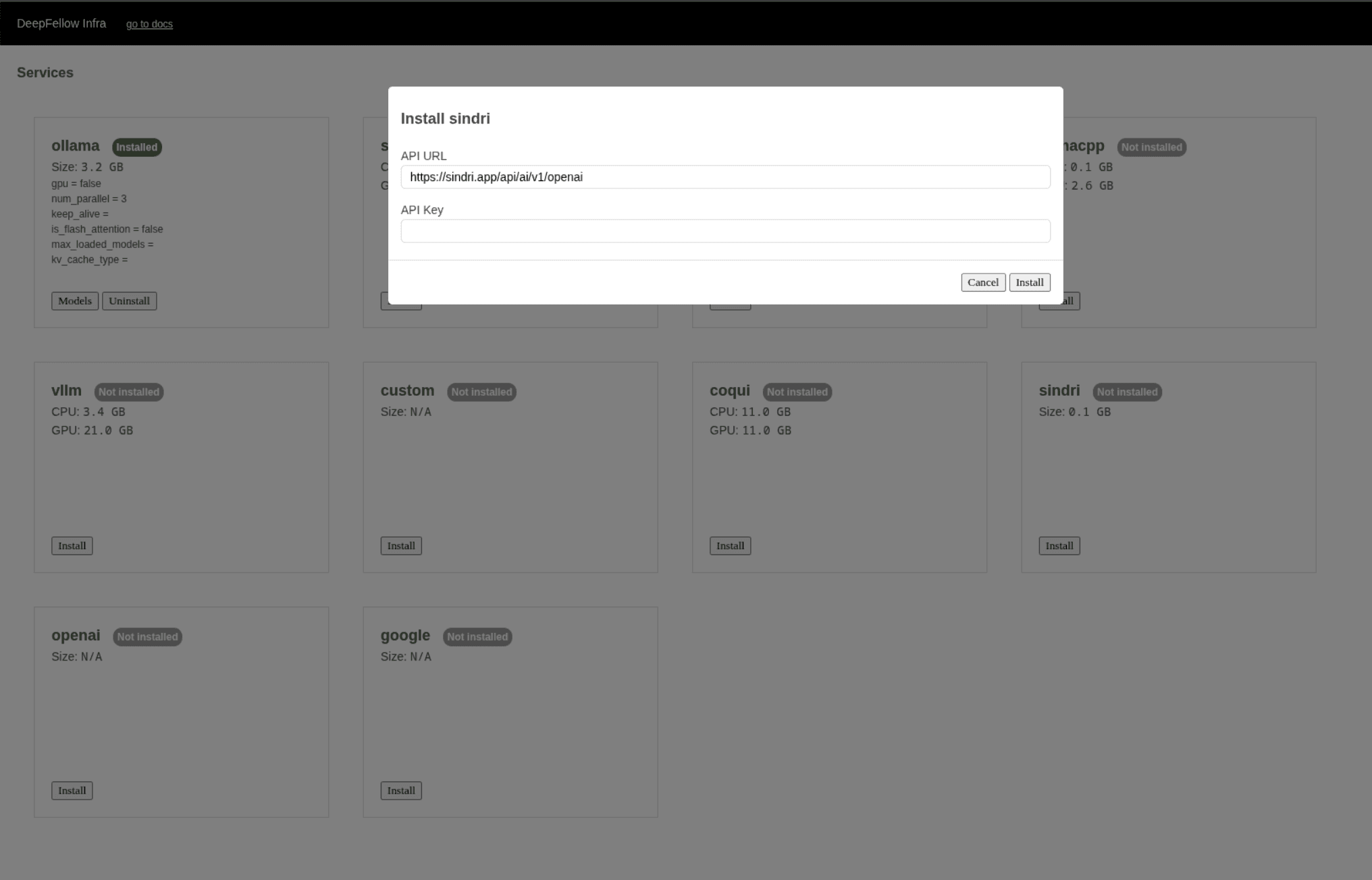 sindri service installation screen with inputs to provide API URL and API Key