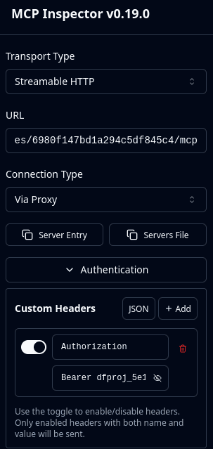 View of correctly filled fields in MCP Inspector.
