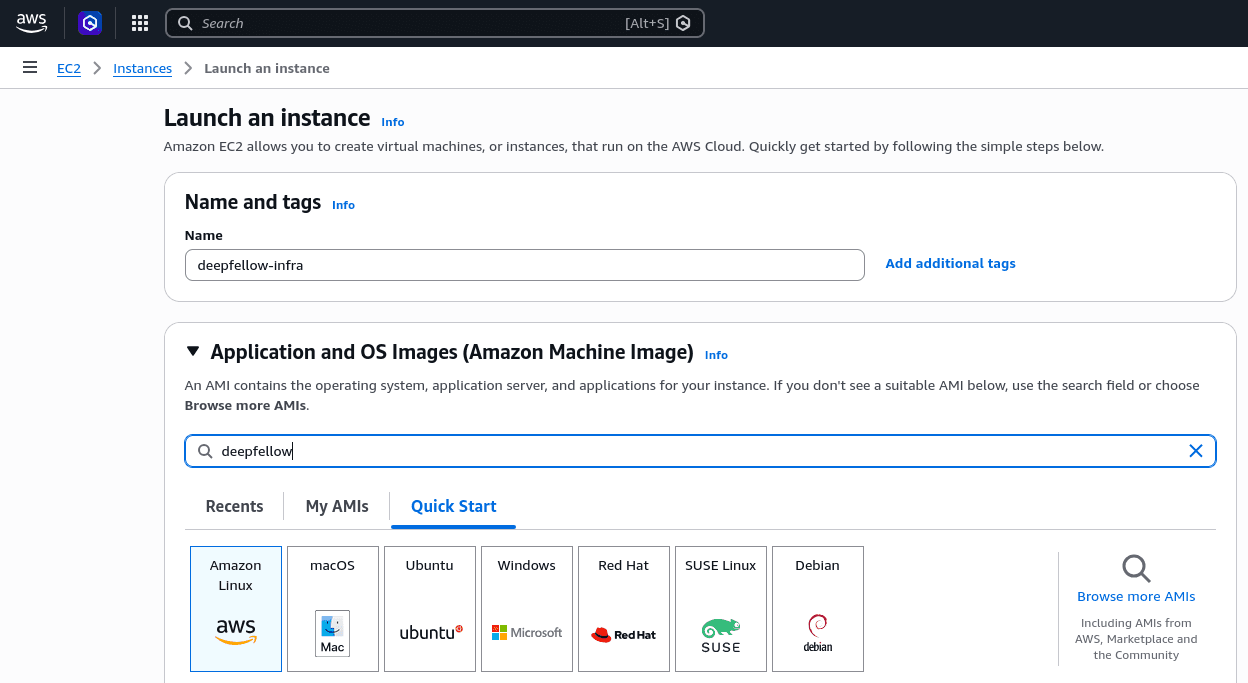 AWS EC2 web panel with "Name and tags" section and "Application and OS images" section.
