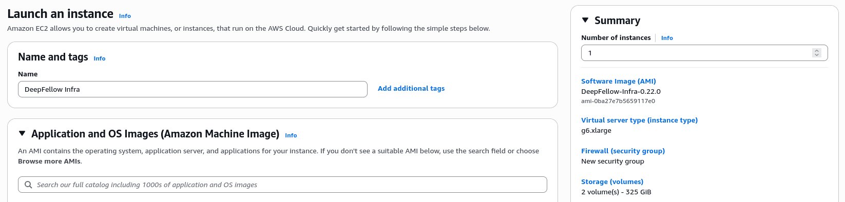 Instance configuration panel with sections: "name and tags", and "Application and OS images".