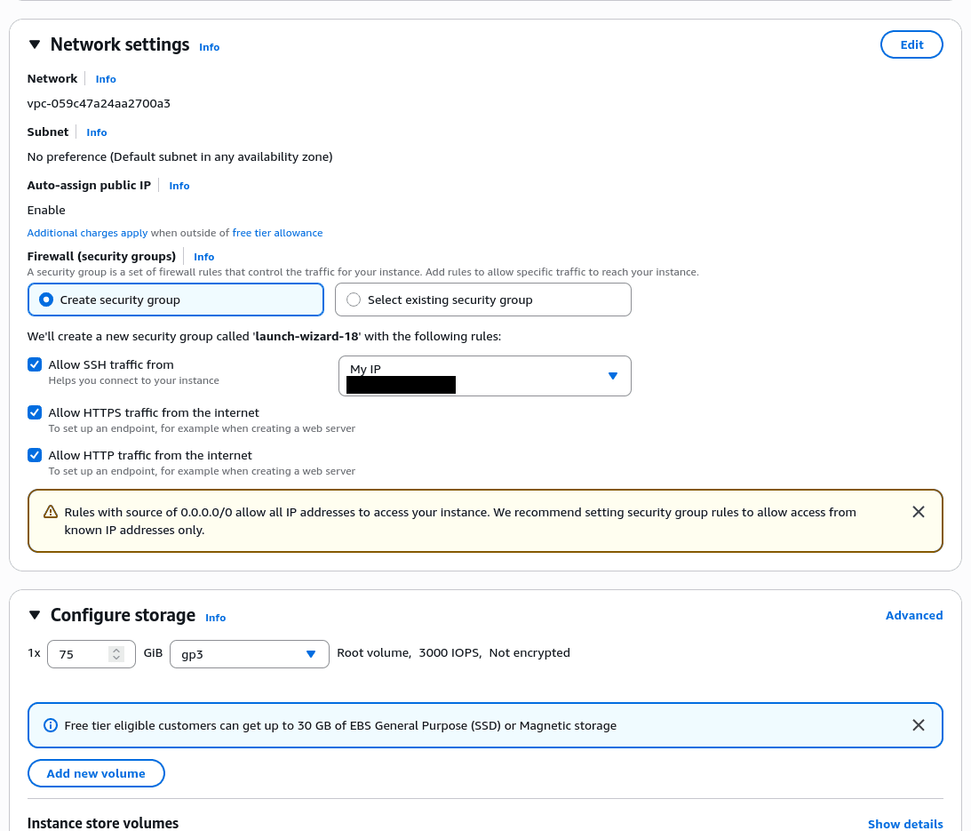 Instance configuration panel with sections: "instance type", "key pair", "network settings", and "Launch Instance" button.