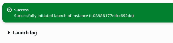 Green prompt with "Success" message and instance ID link which navigates to instance panel.
