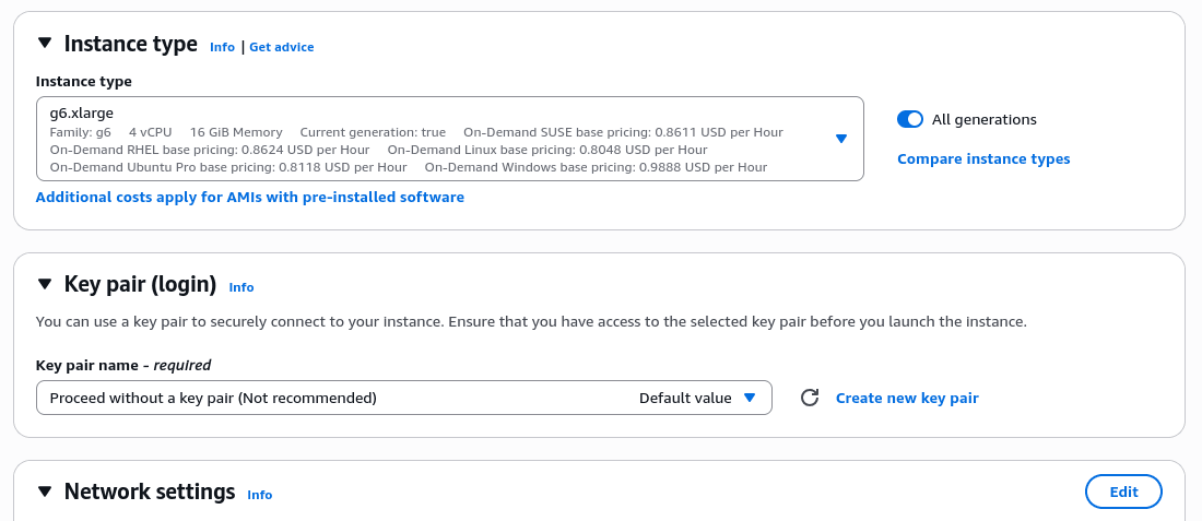 Instance configuration panel with sections: "instance type", "key pair", and "network settings".