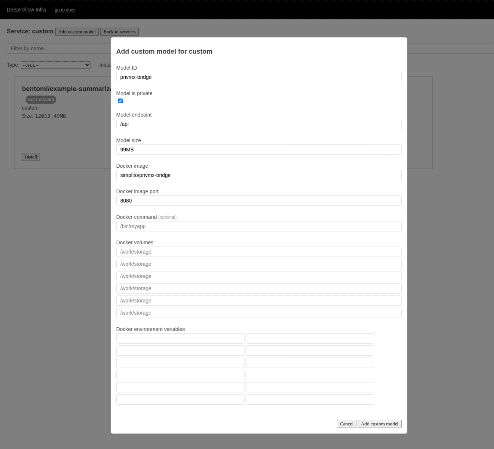 Pop-up showing configuration form for docker image