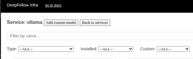 services view showing service title with two buttons: "add custom model" and "back to services"