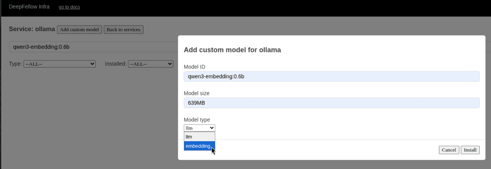 Pop-up showing fields to fill: "model ID", "size", "model type".