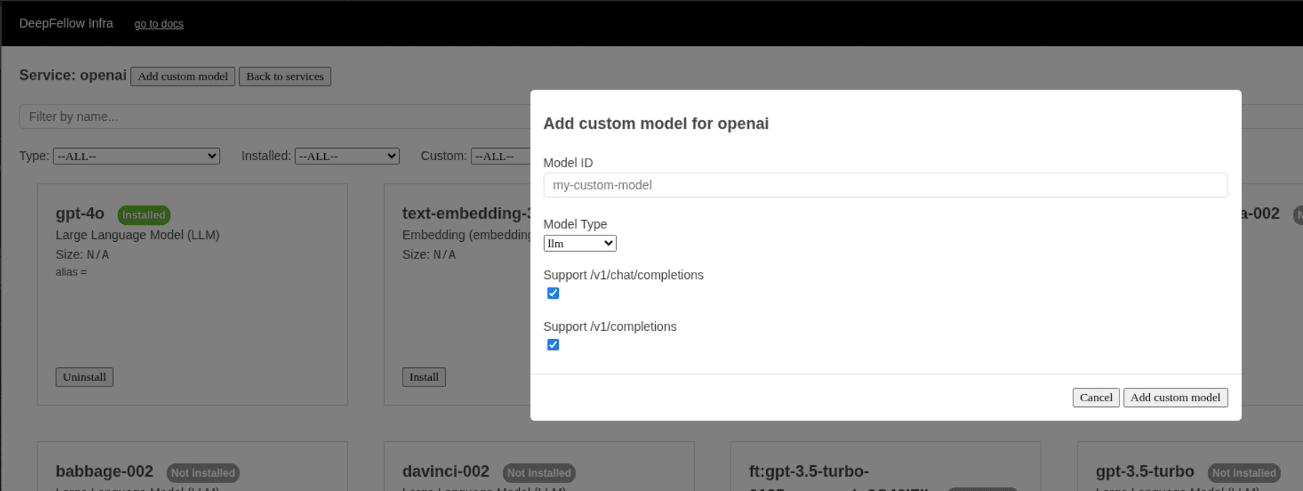 Pop-up with "Add custom model for openai" text, model ID field, model type field, checkbox saying "support v1/chat/completions", and checkbox saying "support v1/completions".